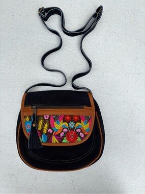 Embroidered Black Suede Crossbody Bag with Brown Trim